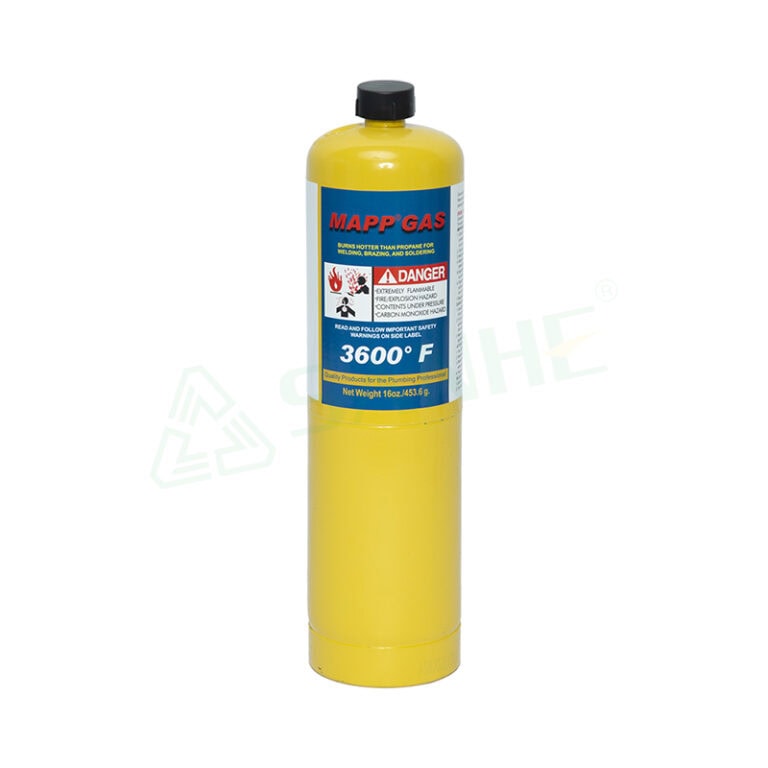 Yellow MAPP gas cylinder with warning label, used for welding and soldering applications, capable of reaching 3600°F temperature.